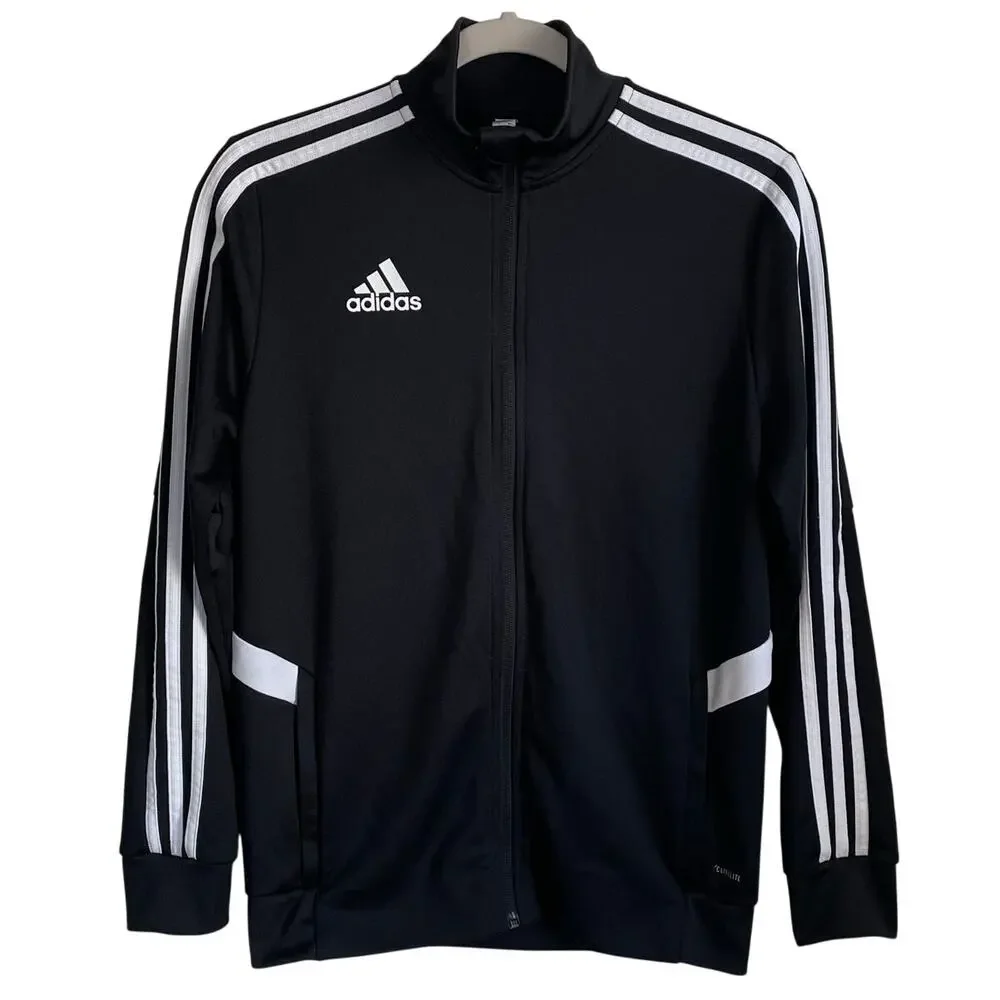 Adidas Track Jacket Boys Youth Sz L (13-14Y) Black White Logo Stripes Activewear